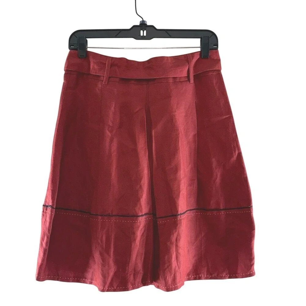 NWT Sandra Angelozzi Red Rust Linen Blend A-Line Midi Skirt w/ Belt Sz 4 US EU34